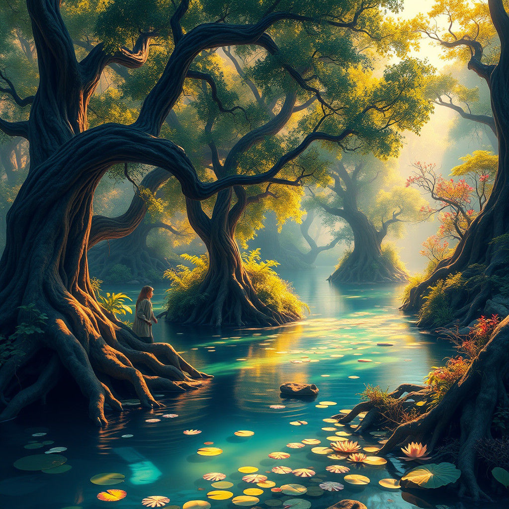 Luminous Forest Beside Serene River in Fantasy Style