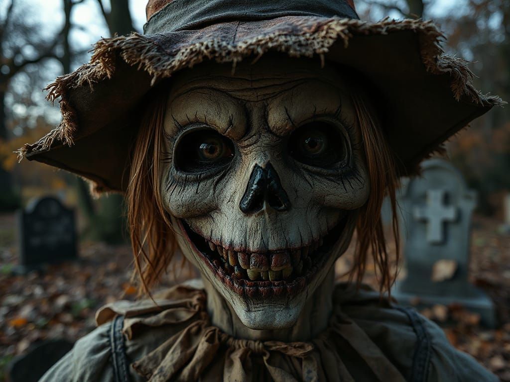 Hollow-Eyed Scarecrow Awakens in Autumn Graveyard
