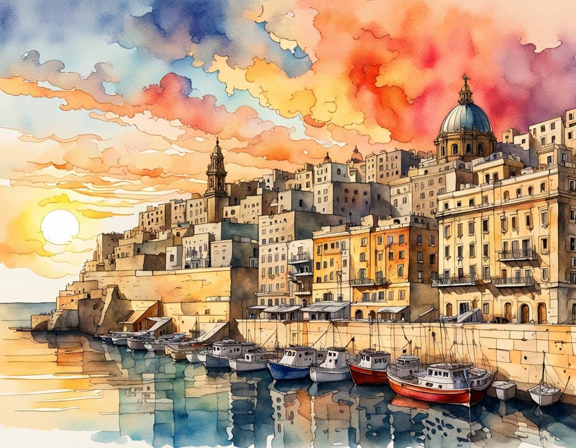 Valletta Grand Harbor: Watercolor Illustration at Sunset