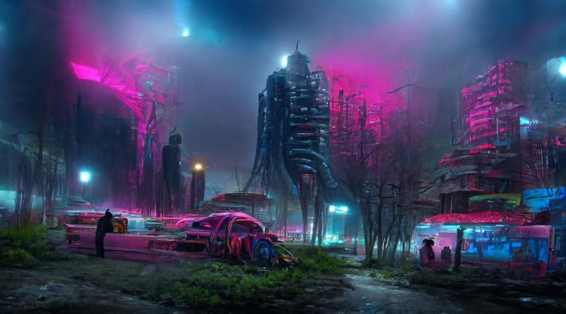 Cyberpunk Park at Night in Digital Art Style