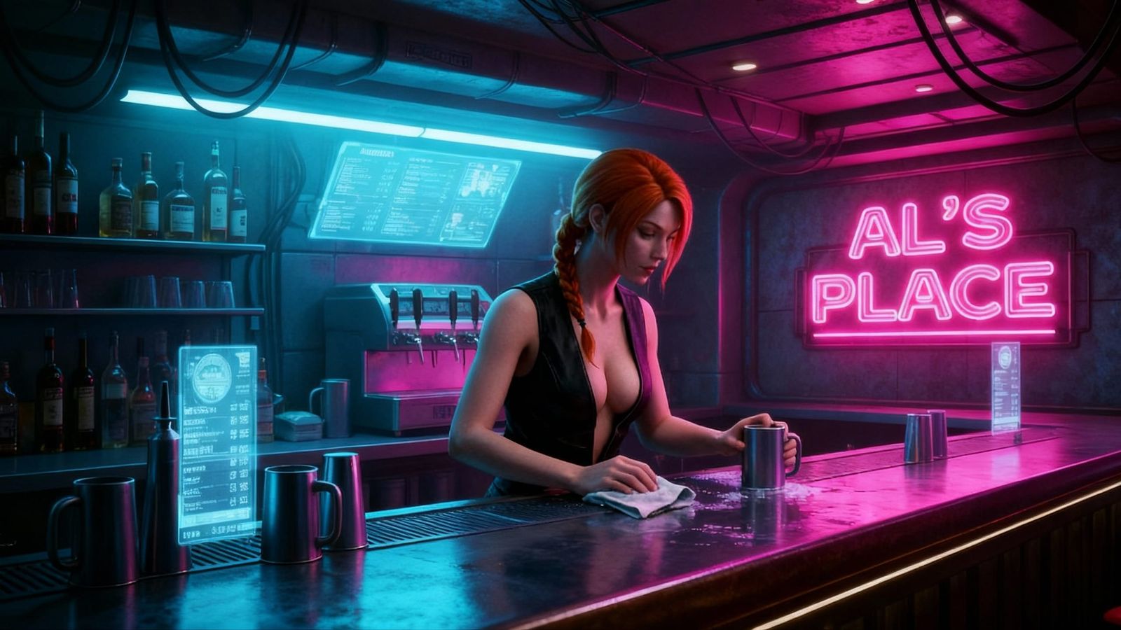 Cyberpunk Dive Bar with Bartender Cleaning Mugs