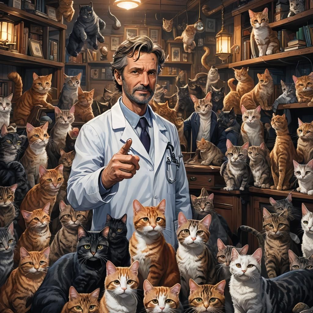 Doctor House Surrounded by Cats in Anime Comic Art