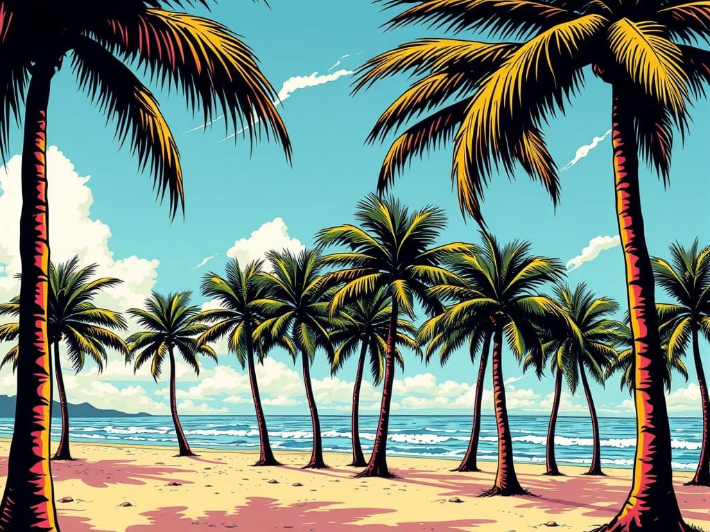 Vibrant Palm Trees in Retro Comic Book Style