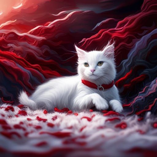 White Cat Plays with Wool in Detailed Painting