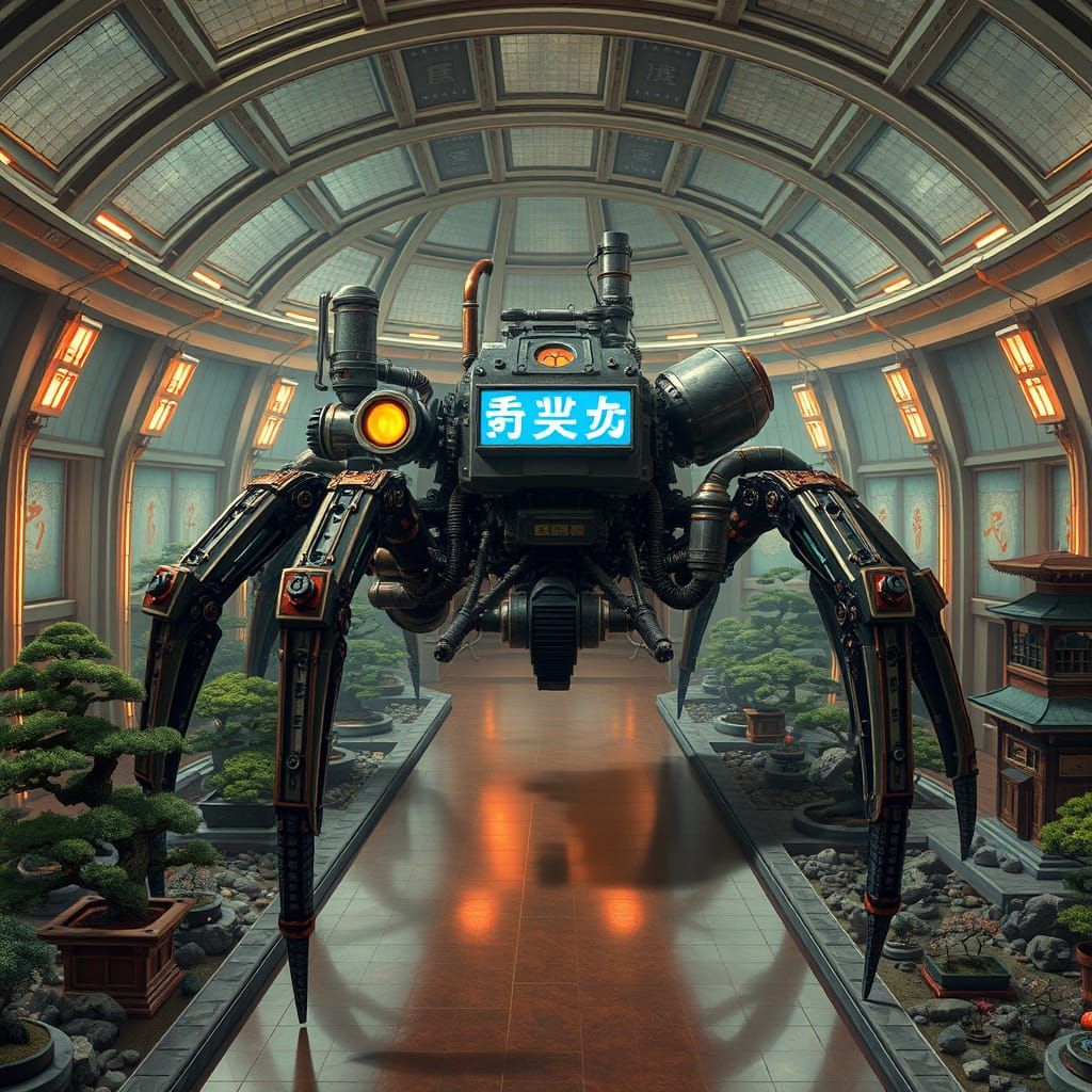 Dieselpunk Mech Strolls Neo-Classical Hallway with Neon Acce...