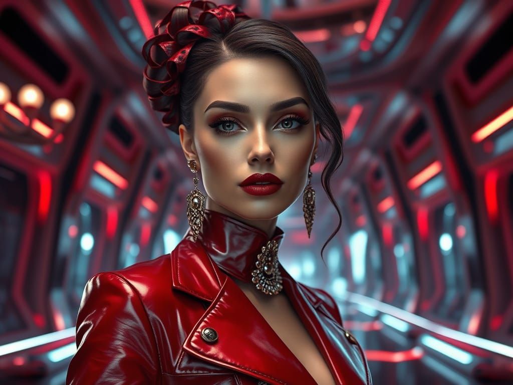 Haute Couture Goddess in Crimson Red Leather, 3D-Rendered Di...