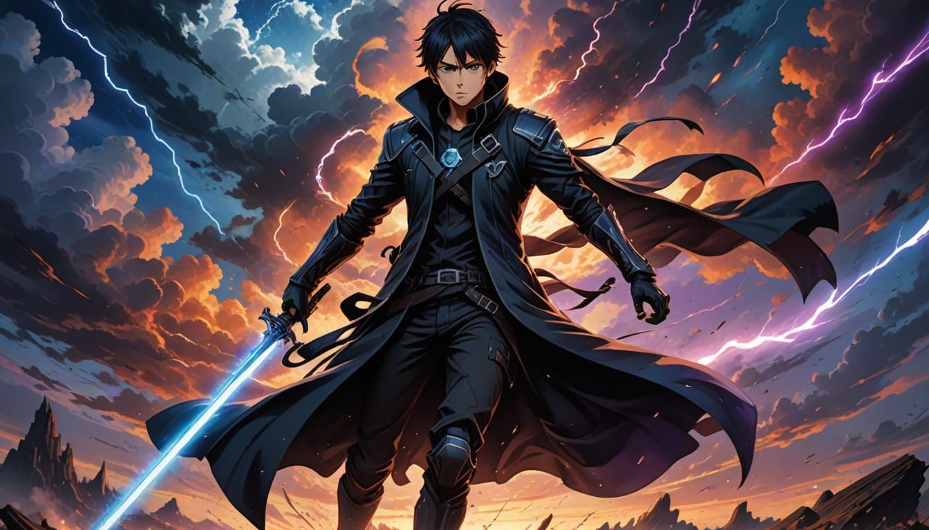 Epic Anime Hero Kirito Stands Ready in a Vibrant Digital Lan...