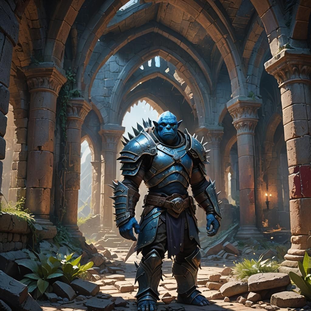 Blue Orc in Ruined Castle Hall: Matte Painting