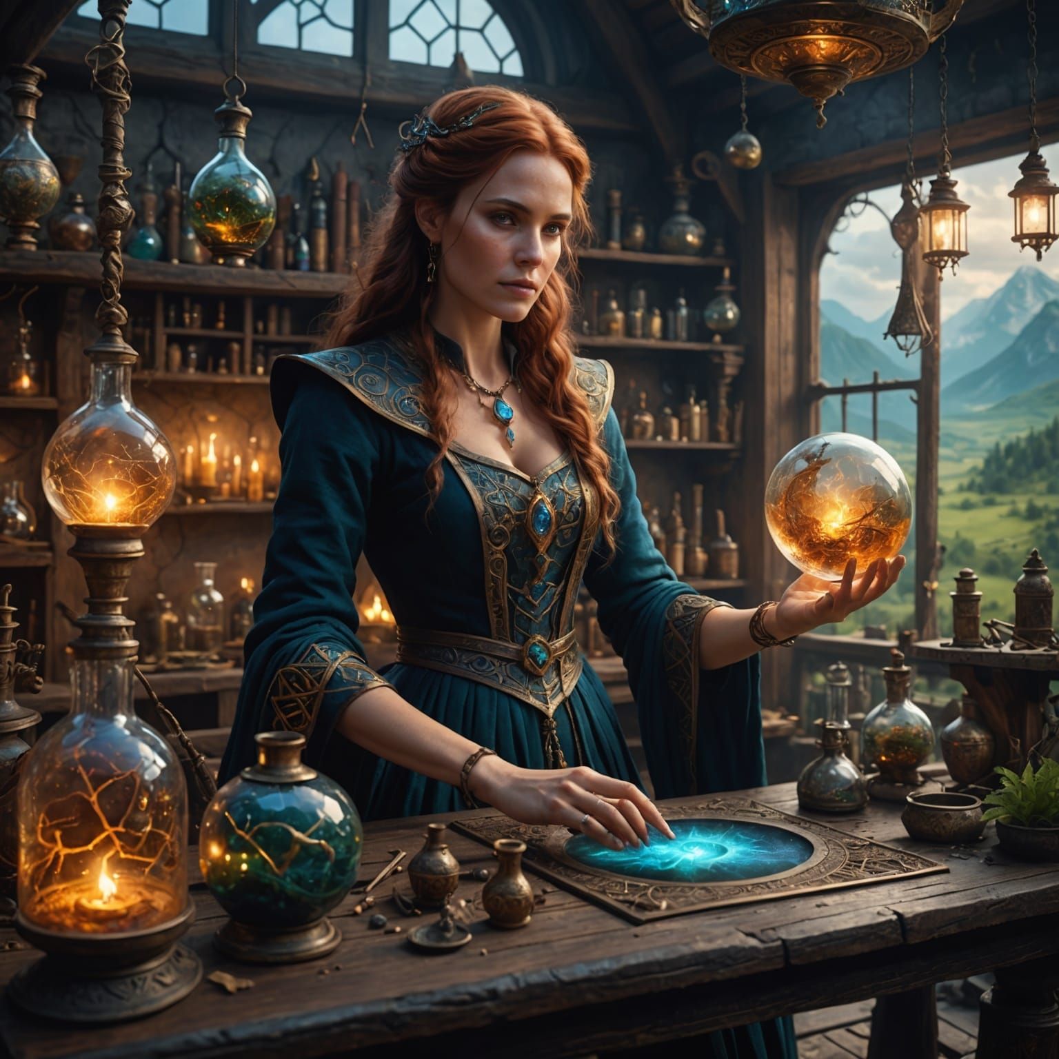 Sorceress Creates Magical Potion in Laboratory