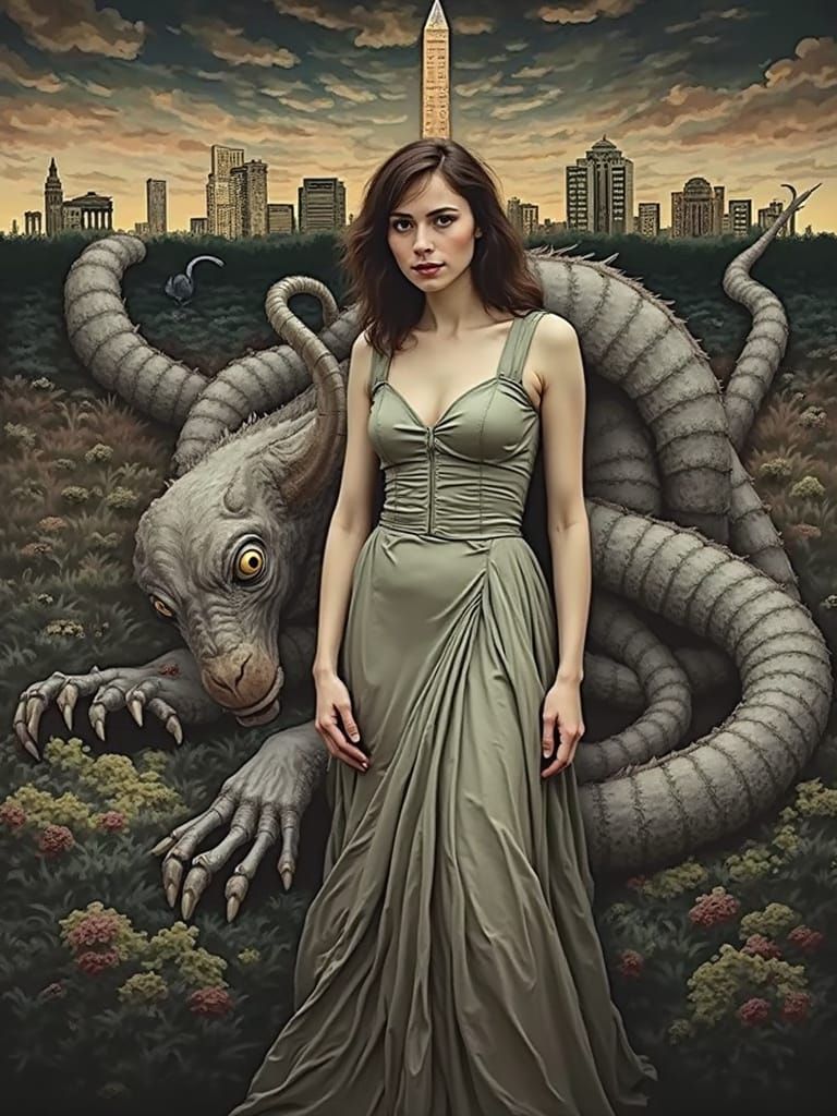 Eerie Landscape with Woman and Approaching Beast in Titian S...