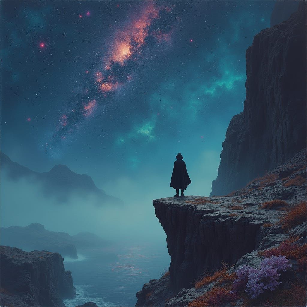 Lone Figure Gazing at Starry Sky in Surreal Style