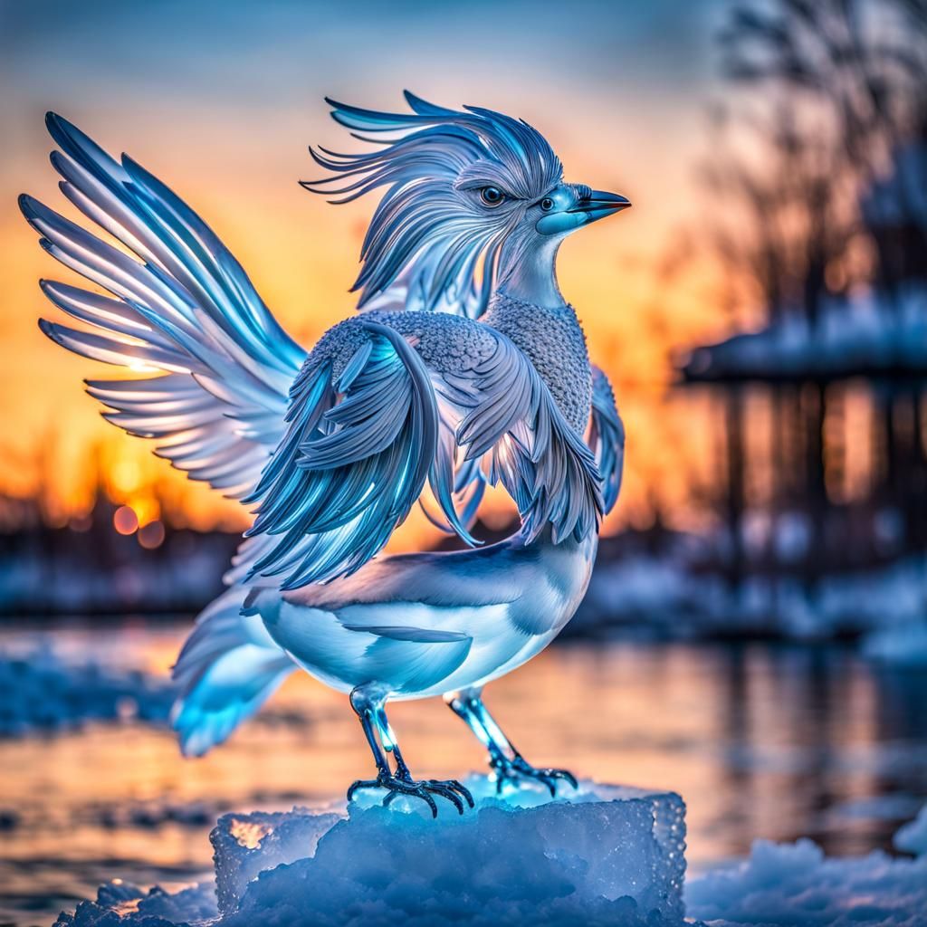Bird of Ice, Bird Ice Sculpture at Sunset.