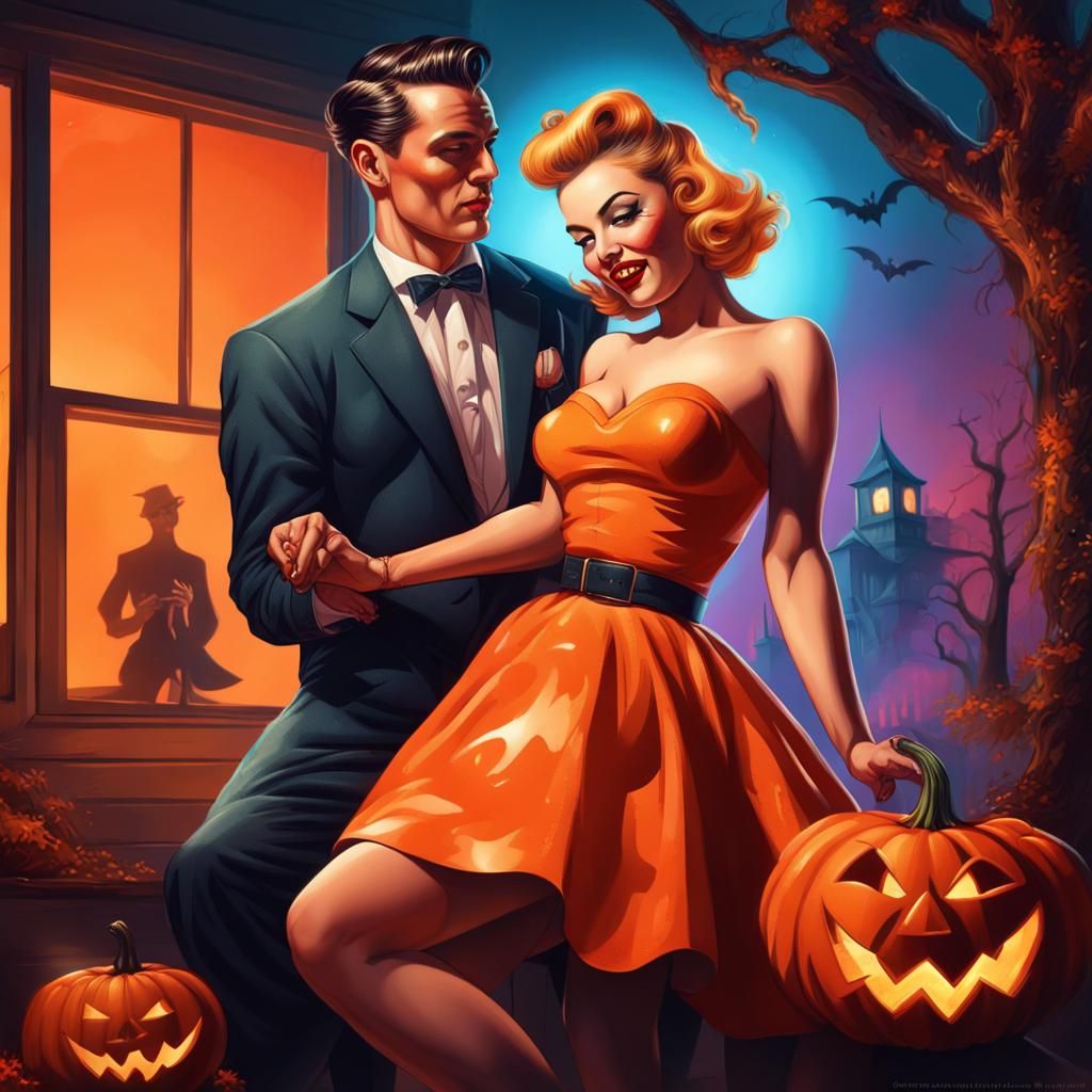 1950s Pinup Girl and Date Celebrate Halloween
