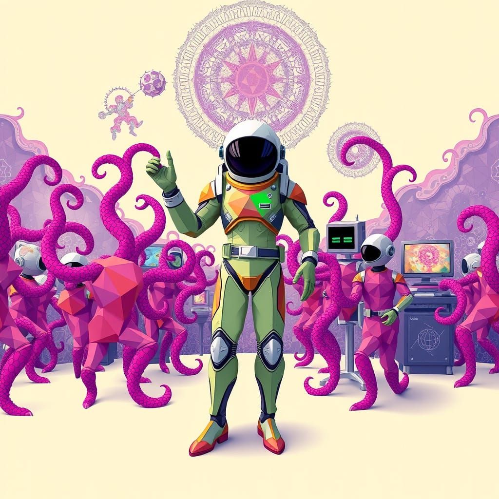 Futuristic Spacescape with Geometric Figures in Vector Art