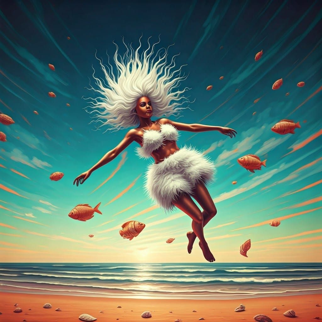 Weightless Goddess Falls in Vibrant Surreal Beach Scene