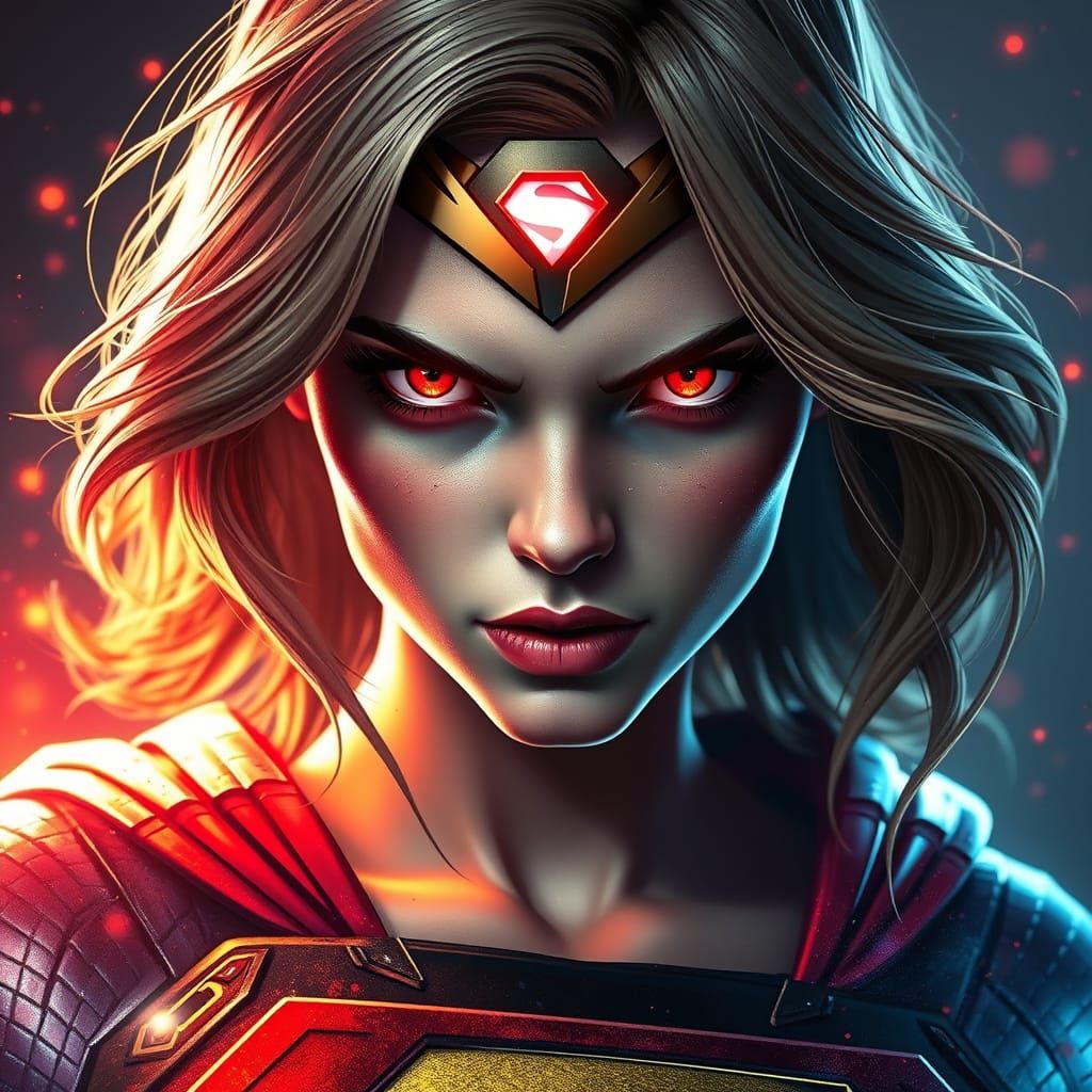 Supergirl Portrait with Red Eyes in Art Nouveau Style