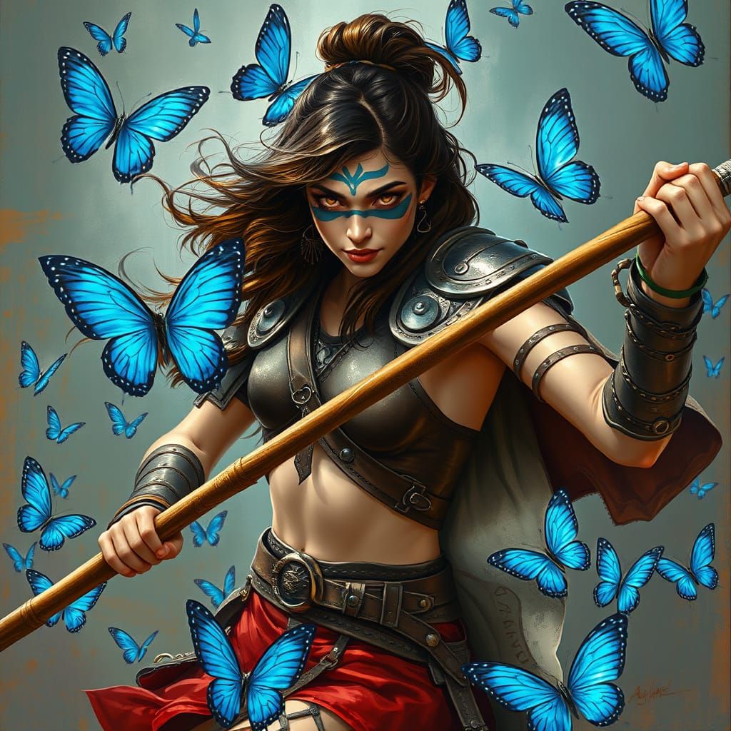 Dynamic Warrior in Leather Armor Dancing with Fauchard