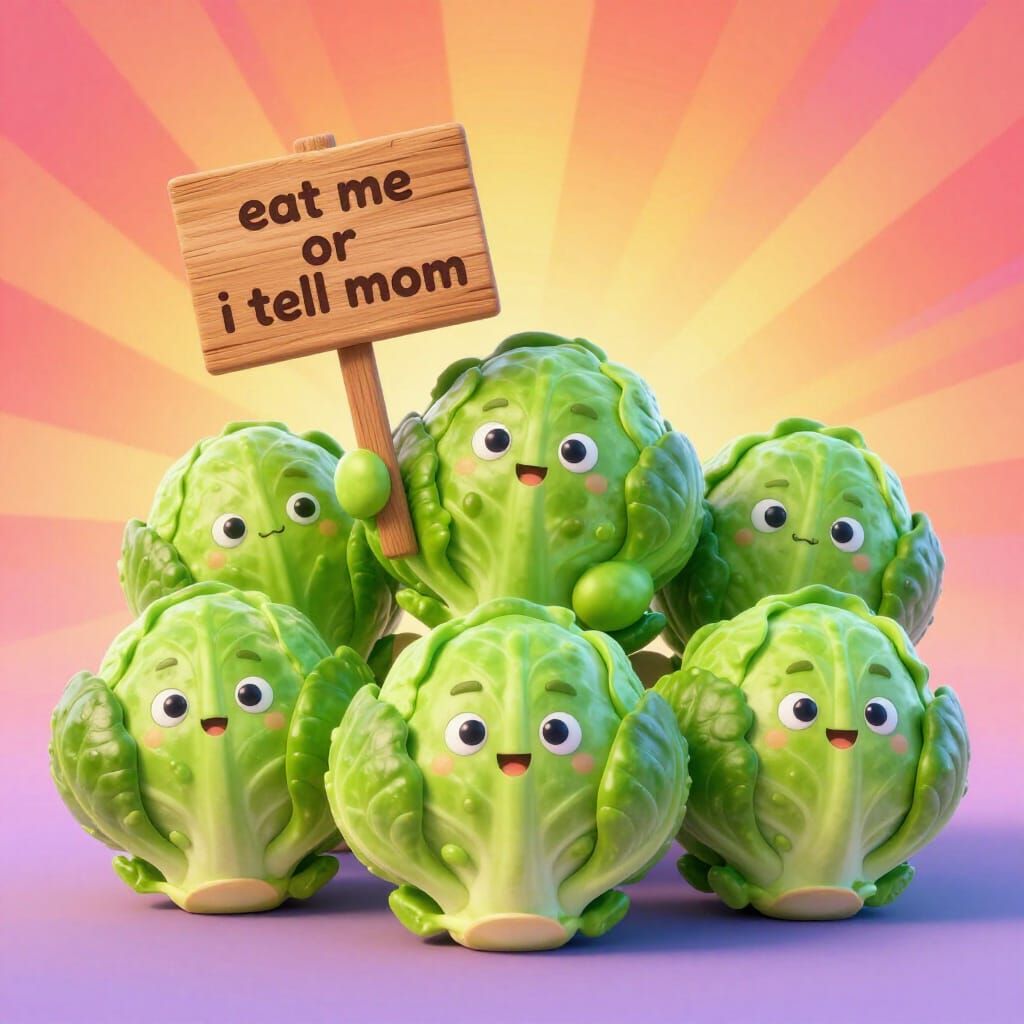 Whimsical Brussel Sprouts With 'Eat Me' Sign In Pixar Style