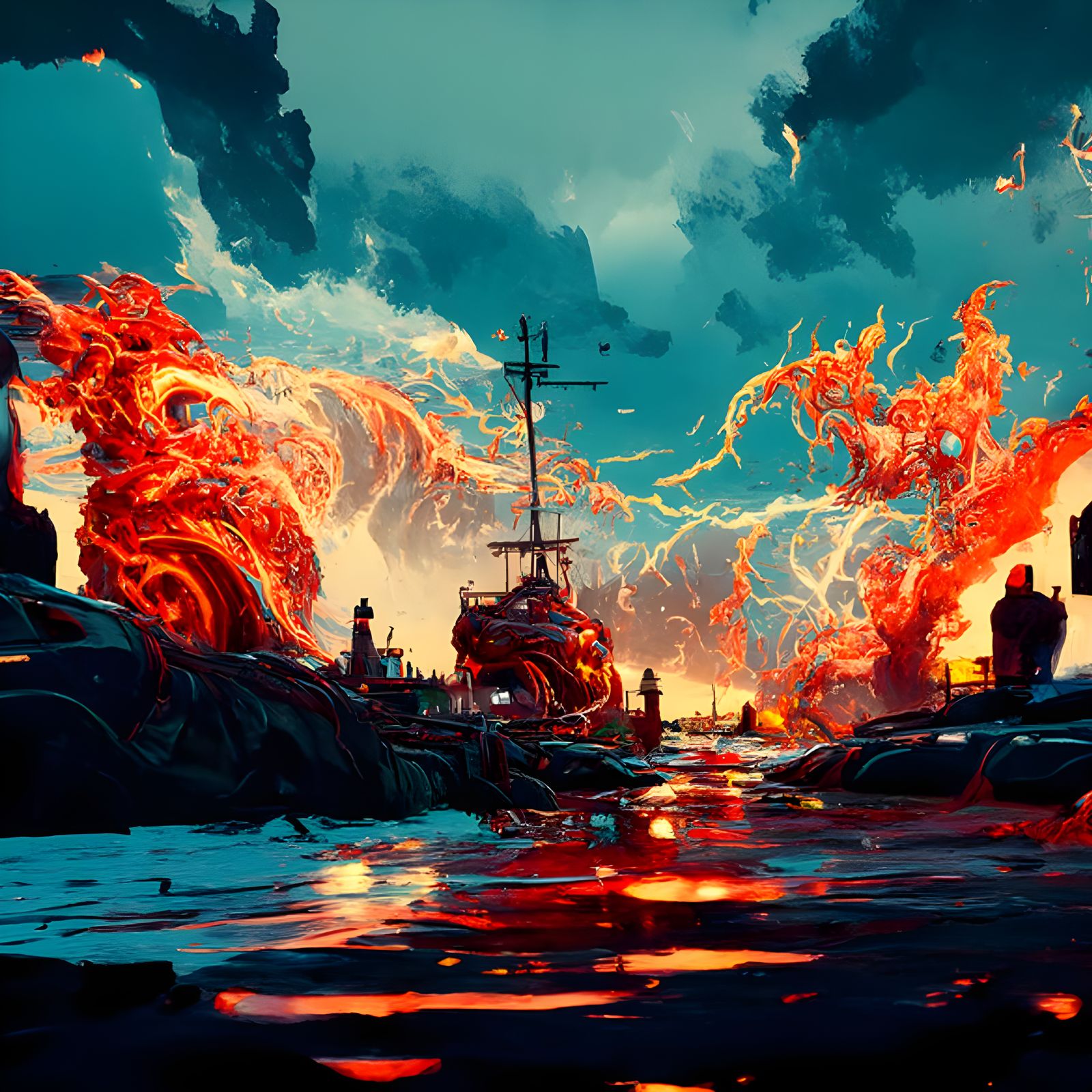 Harbor Ablaze: Digital Illustration of a Stormy Inferno