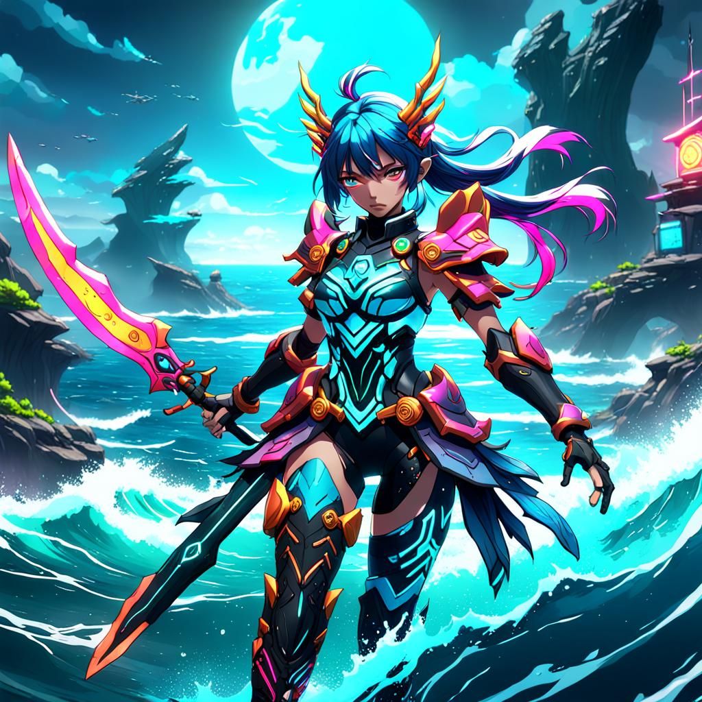 Anime Neon Warrior Girl in Detailed Matte Painting