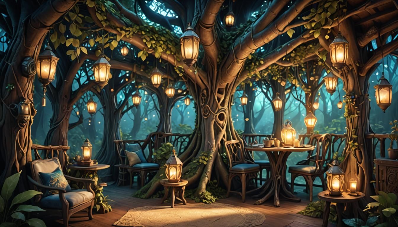 Cozy Elven Treehouse Interior in Whimsical Fantasy Style