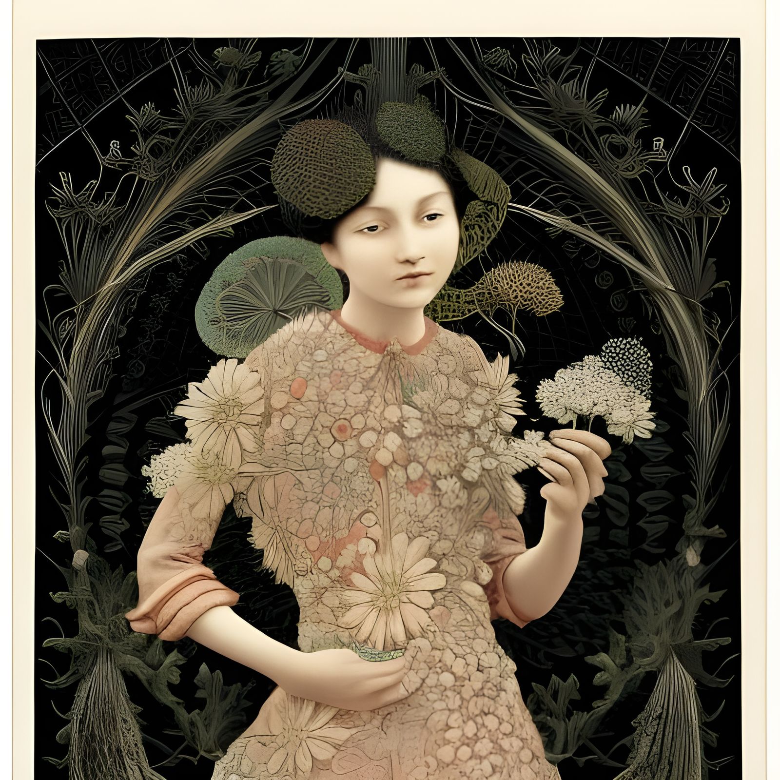 Girl Holding Flowers: Intricate Art in Haeckel Style