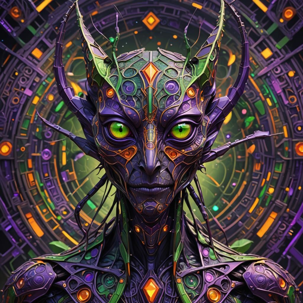 Dark DMT Mantis Face in Geometric Light