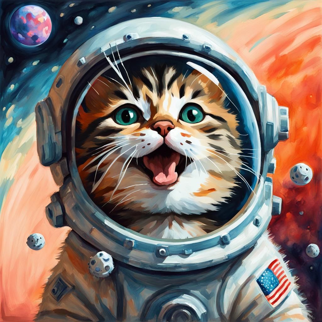 Kitten Astronaut Floating in Space: Gouache Watercolor