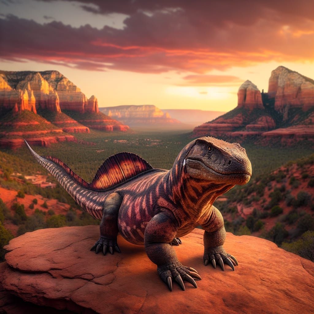 Dimetrodon in Sedona Canyon at Sunset