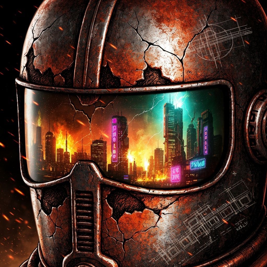 Ancient Helmet Reflects Ruined Future City