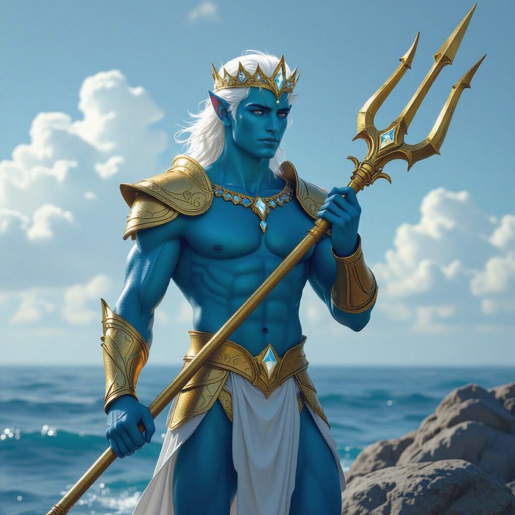 Handsome Triton with Golden Trident in Photorealistic Style