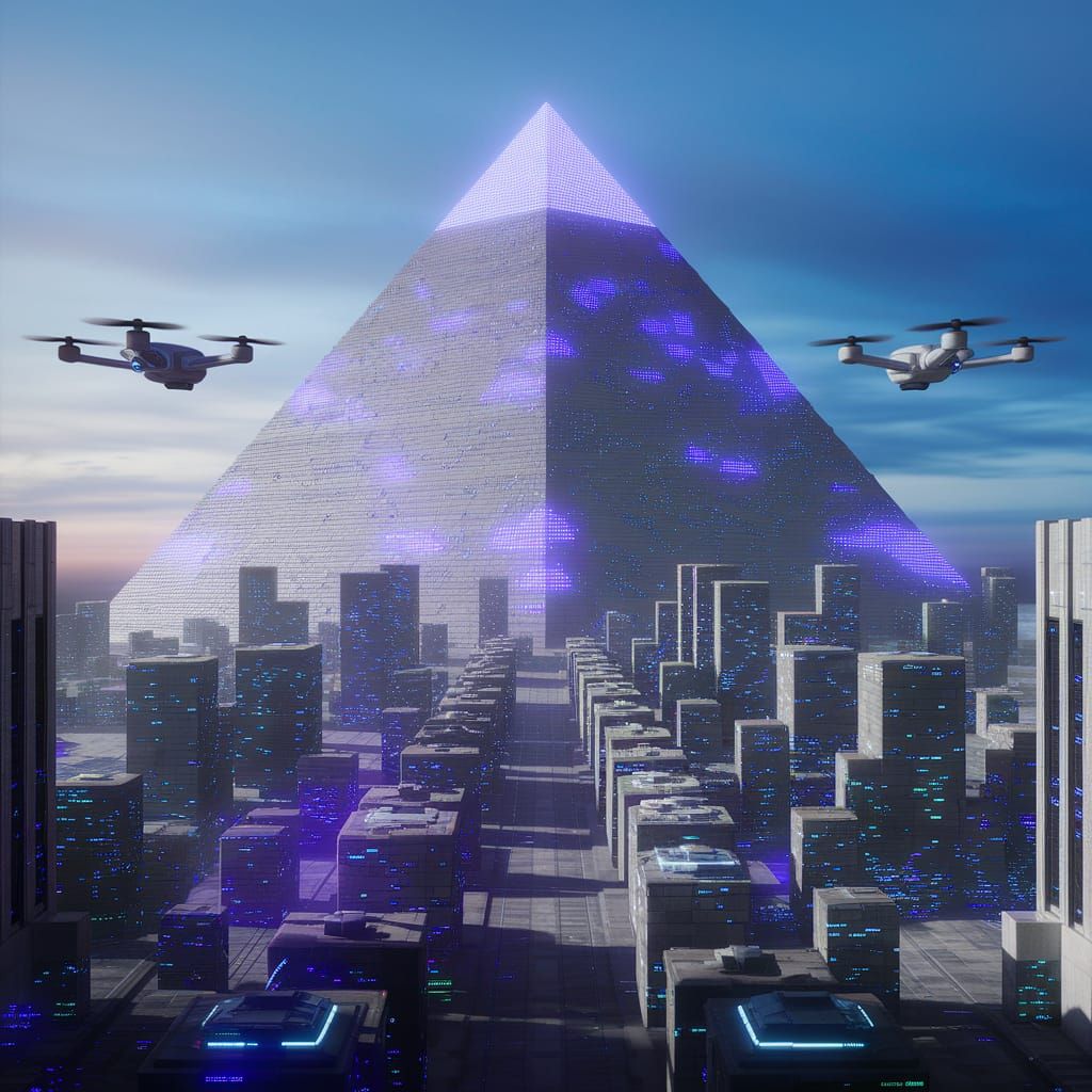 A gleaming cyberpunk megalopolis with an imposing technologically advanced pyramid at its center. An oppressively jubila...
