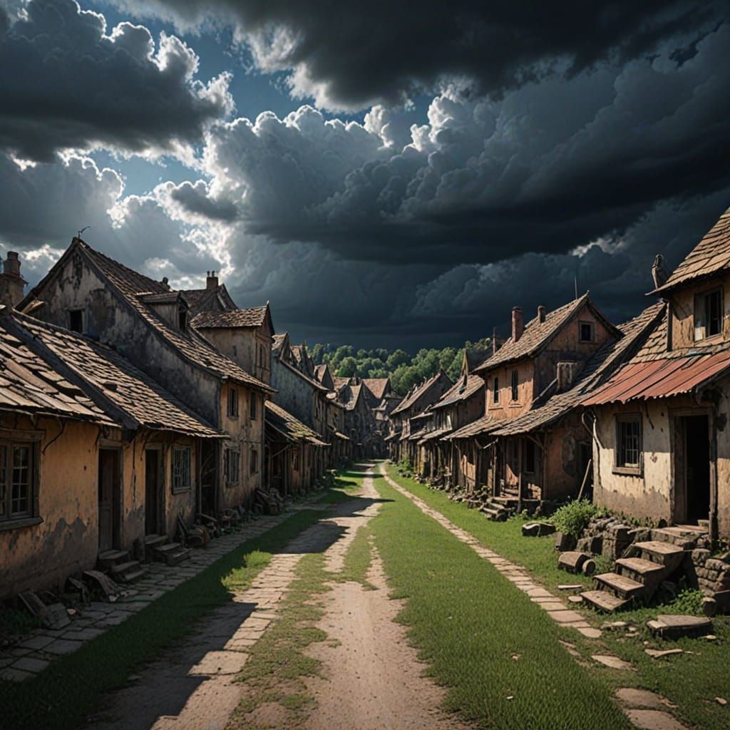 Dark Fantasy Village Under a Mysterious Sky