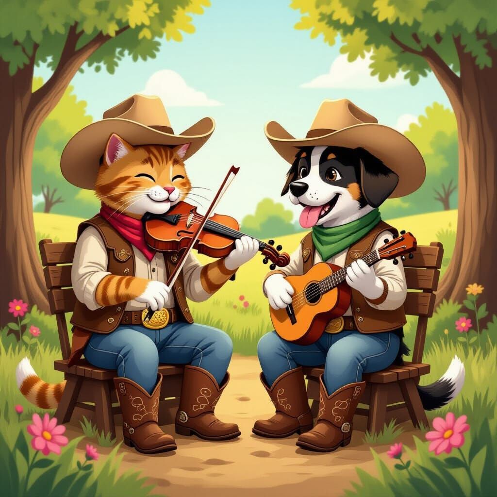 Cat and Dog Cowboys Playing Viola in Countryside