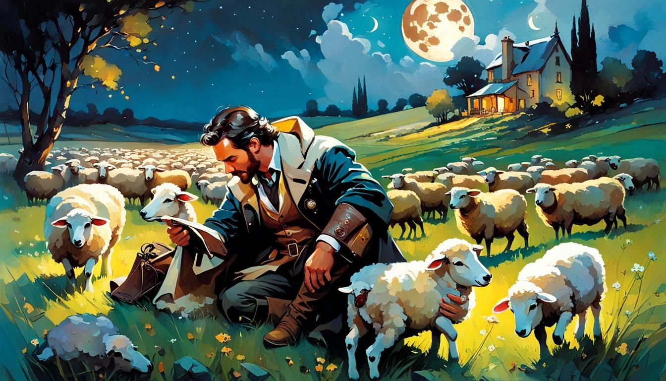Shepherd and Sheep Under Cosmic Night Sky