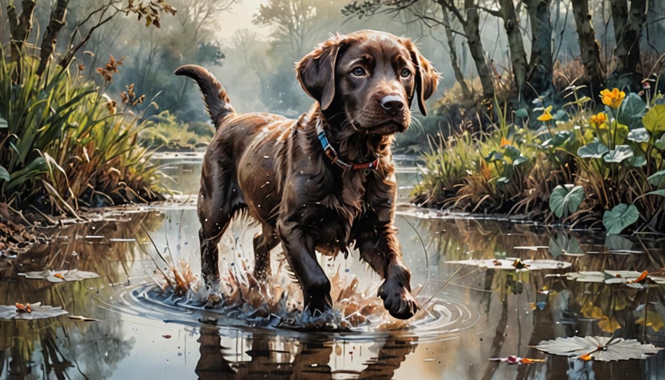 Happy Labrador Puppy in Surreal Watercolor Art