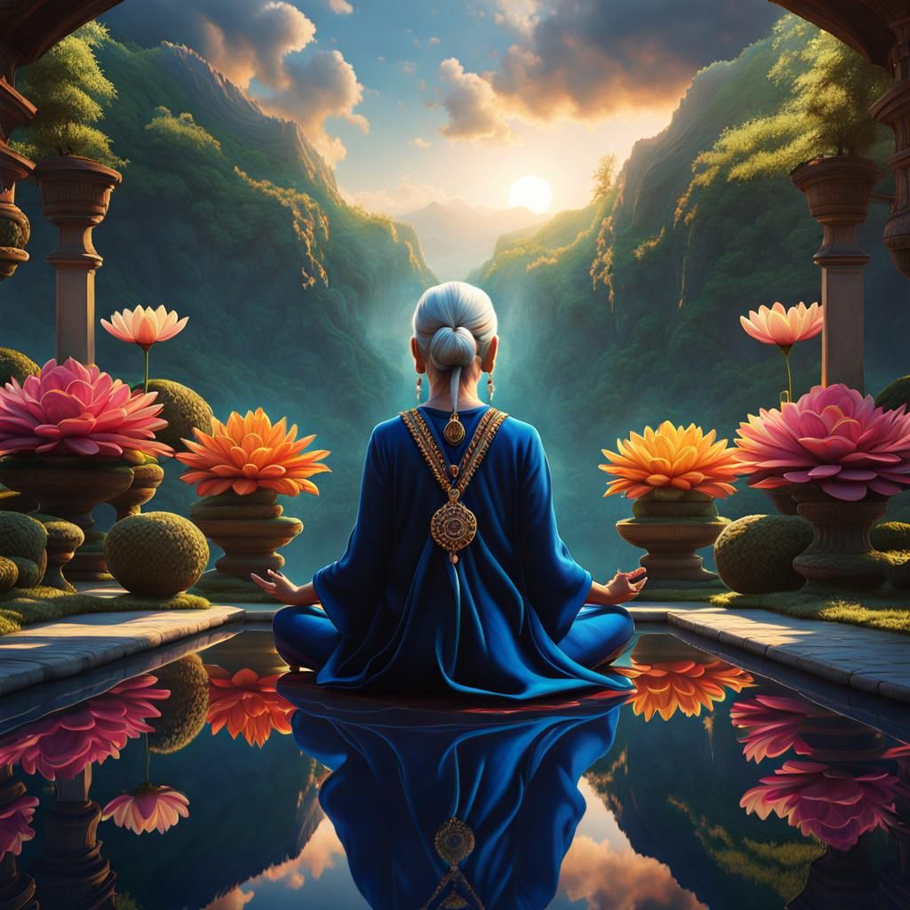 Wise Woman Meditating with Inner Child Reflection