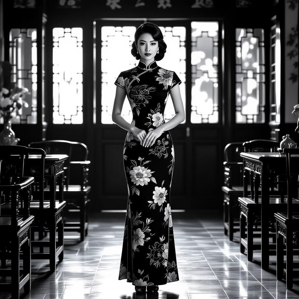 Elegant Lady in Cheongsam: Vintage Shanghai Portrait