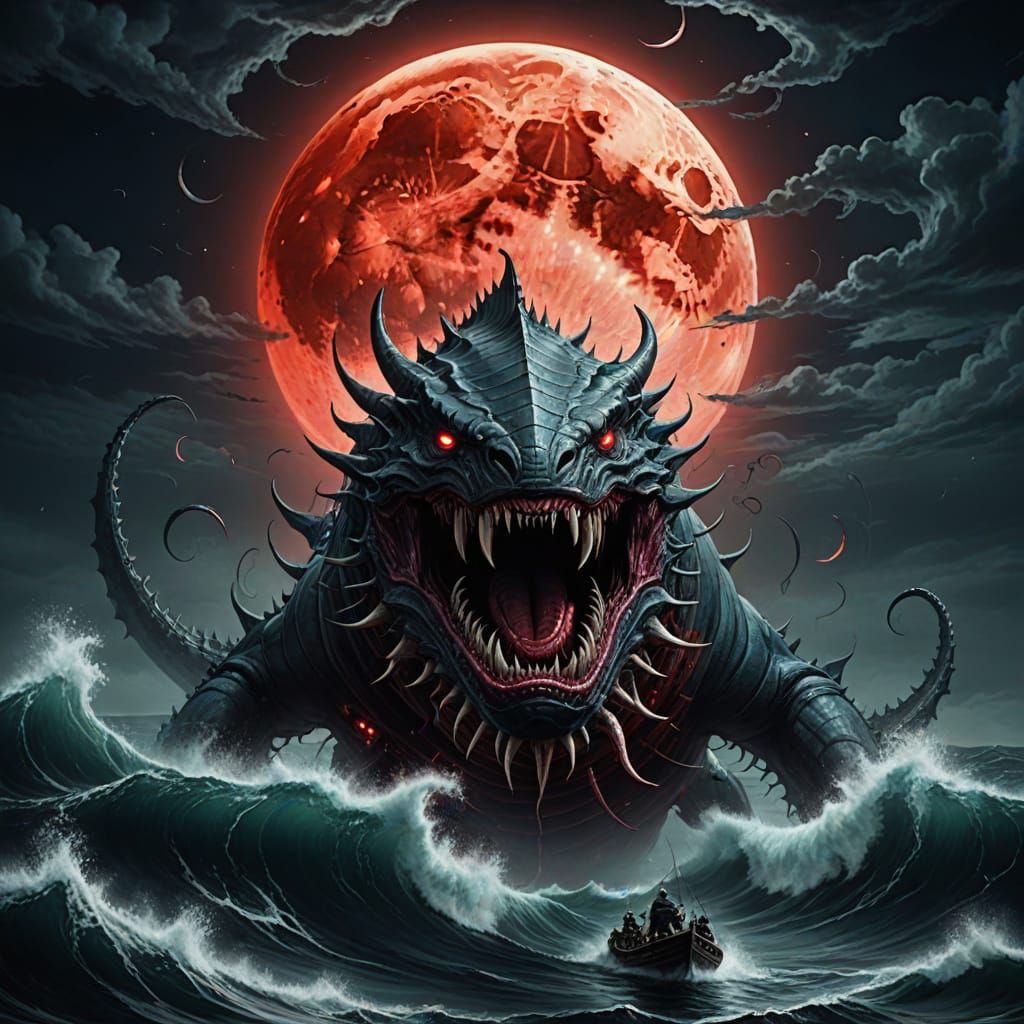 Leviathan in Devil's Sea Under Blood Moon
