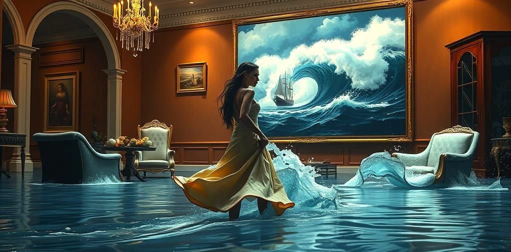 Surreal Seawater Tableau: Woman Steps Through Flooded Living...