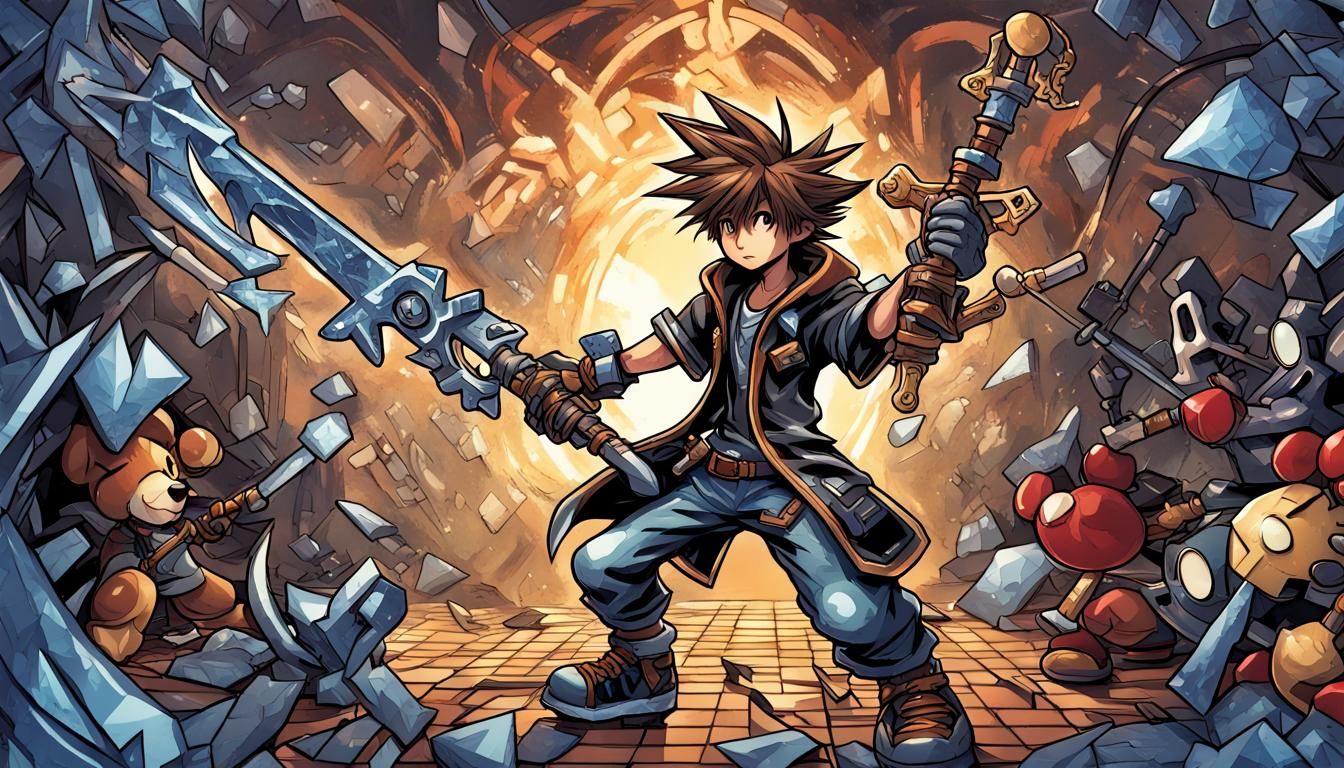 Sora fights with a keyblade against heartless without the kingdom of hearts