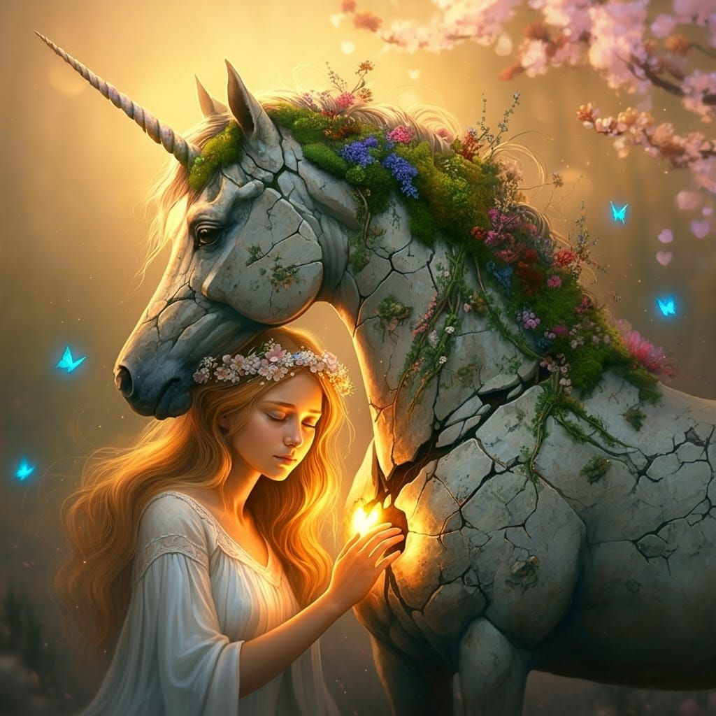 Ethereal Whimsy: A Young Woman and Unicorn in Ancient Harmon...