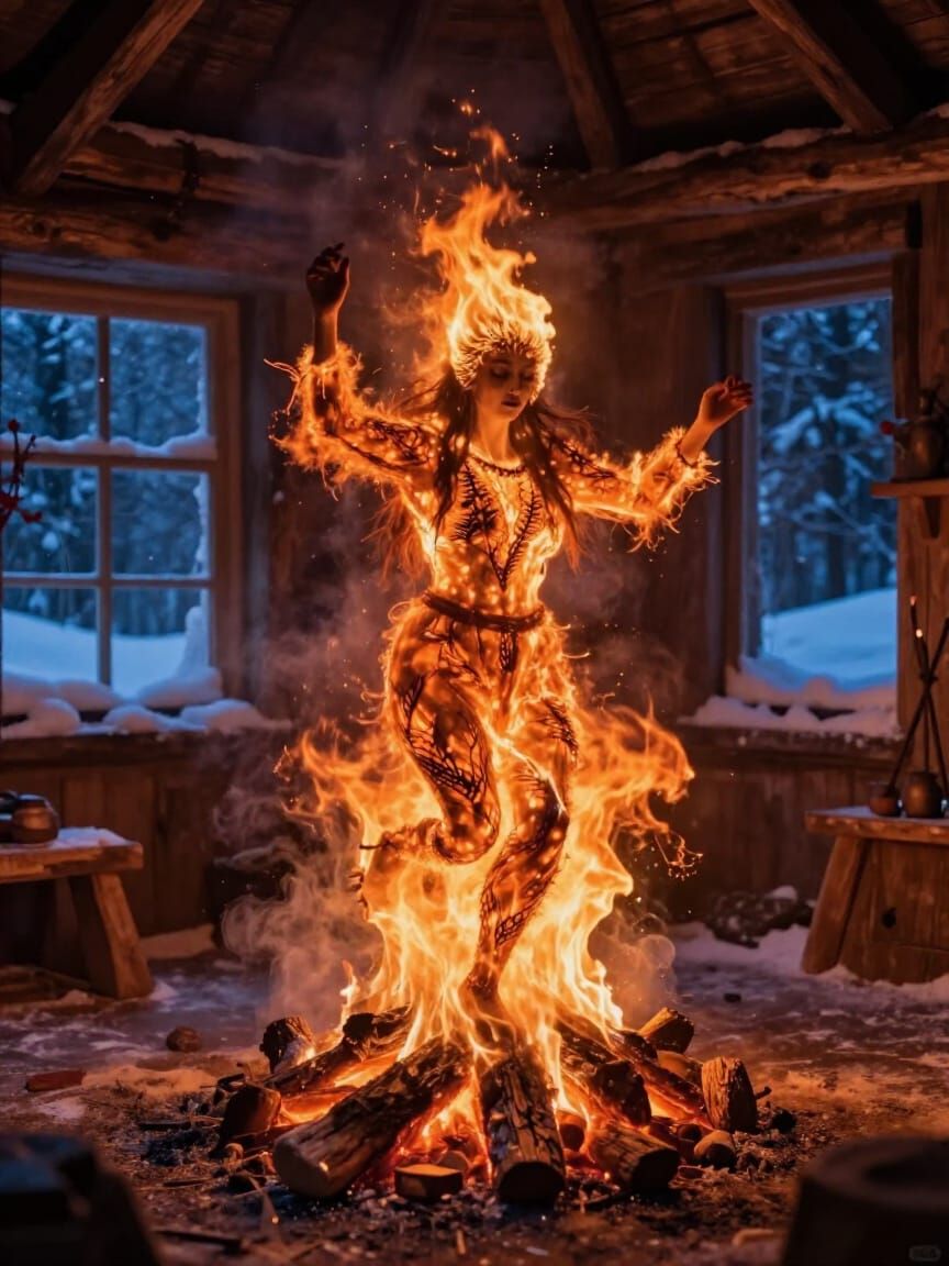 Slavic Fire Spirit Ognica Dancing in Hearth