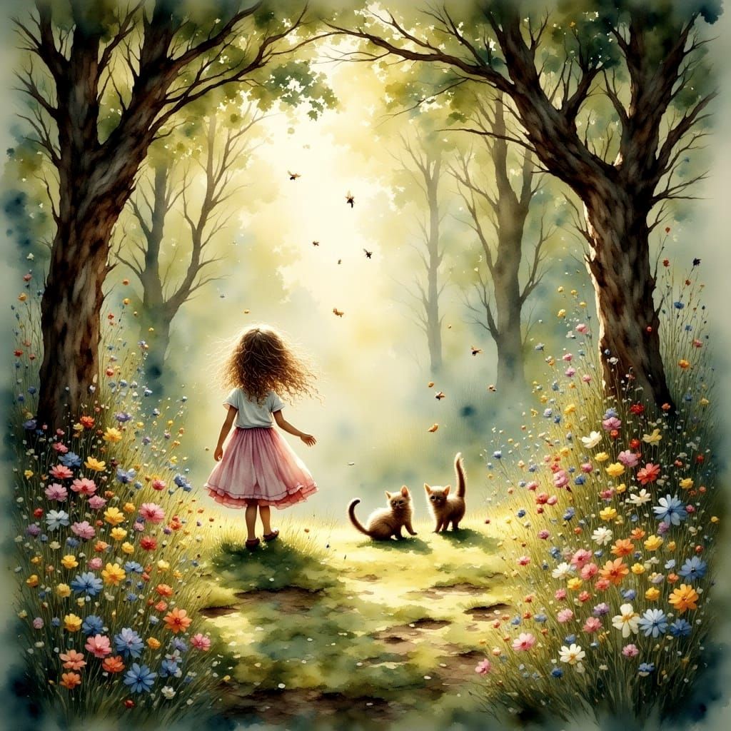 Girl with Kittens in Sunlit Meadow: Antique Watercolor