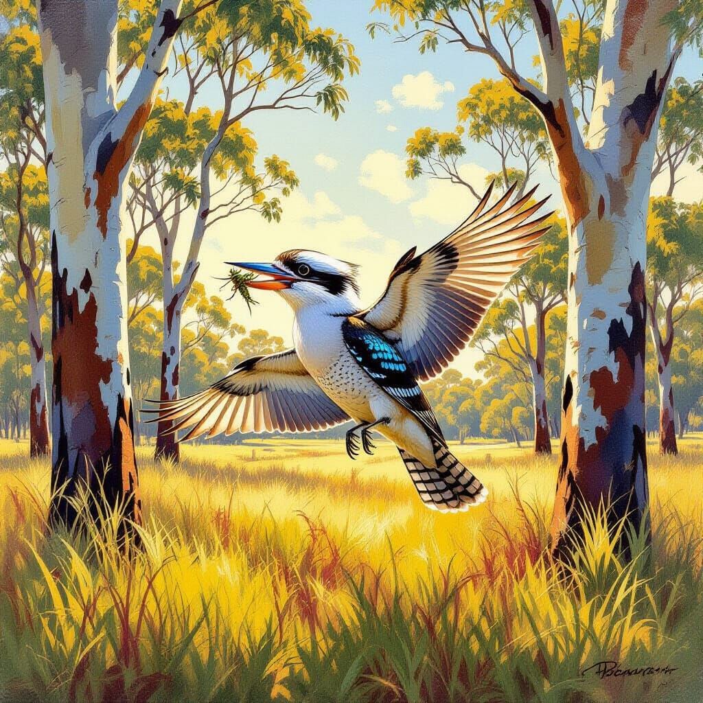 Kookaburra Captures Grasshopper: Impressionist Wildlife Art