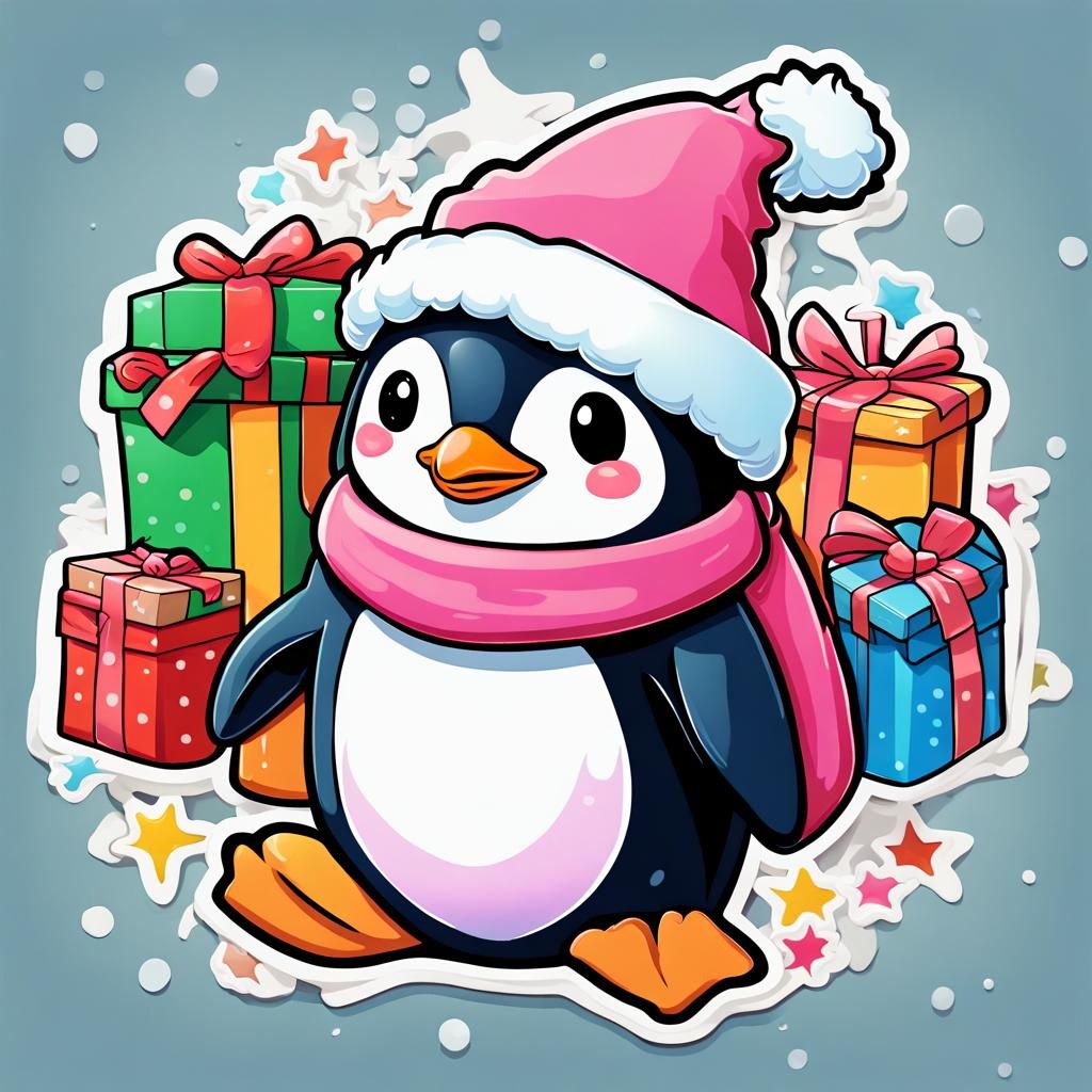 Cute Kawaii Penguin with Santa Hat Cartoon