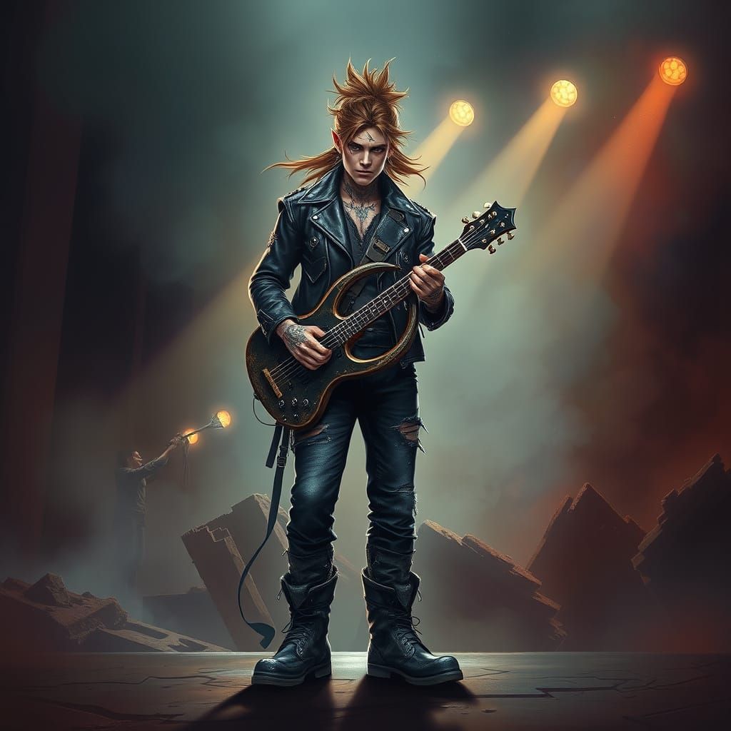 Chaotic Rockstar Half-Elf Bard Unleashes Sonic Rebellion