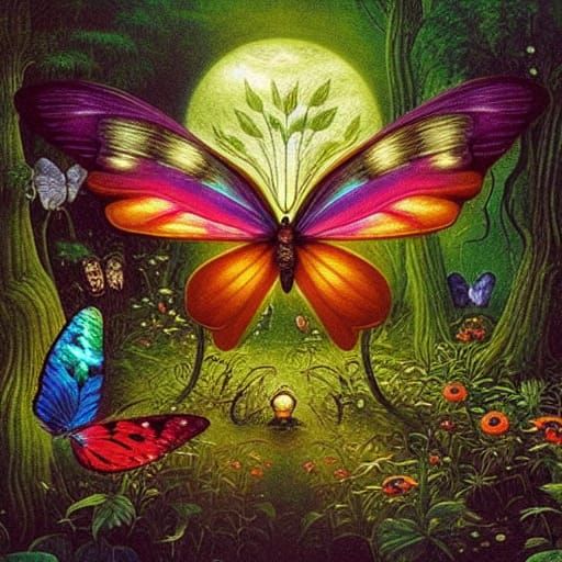 Iridescent Butterfly in Magical Night Forest