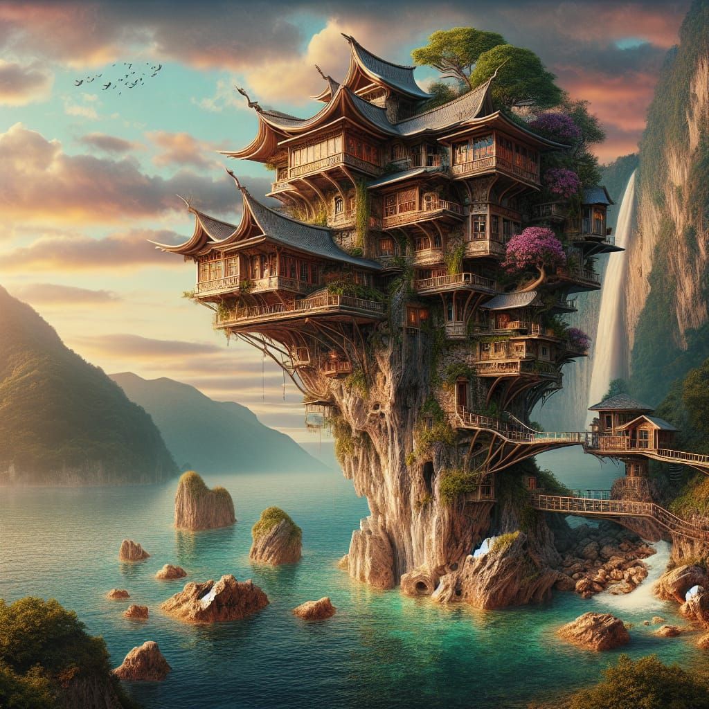 Cliffside House with Waterfall: Fantasy Concept Art