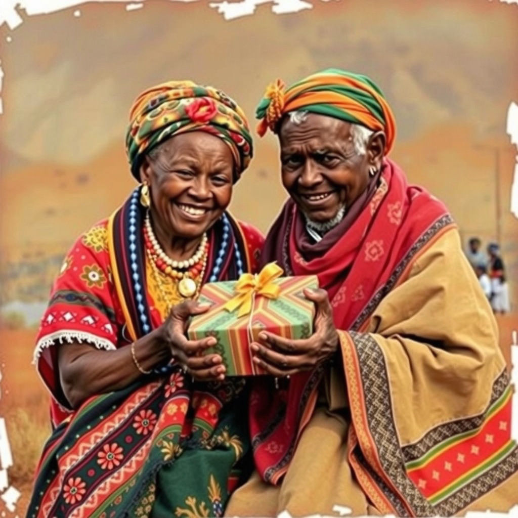Basotho Couple Giving Gifts in Folk Art Style